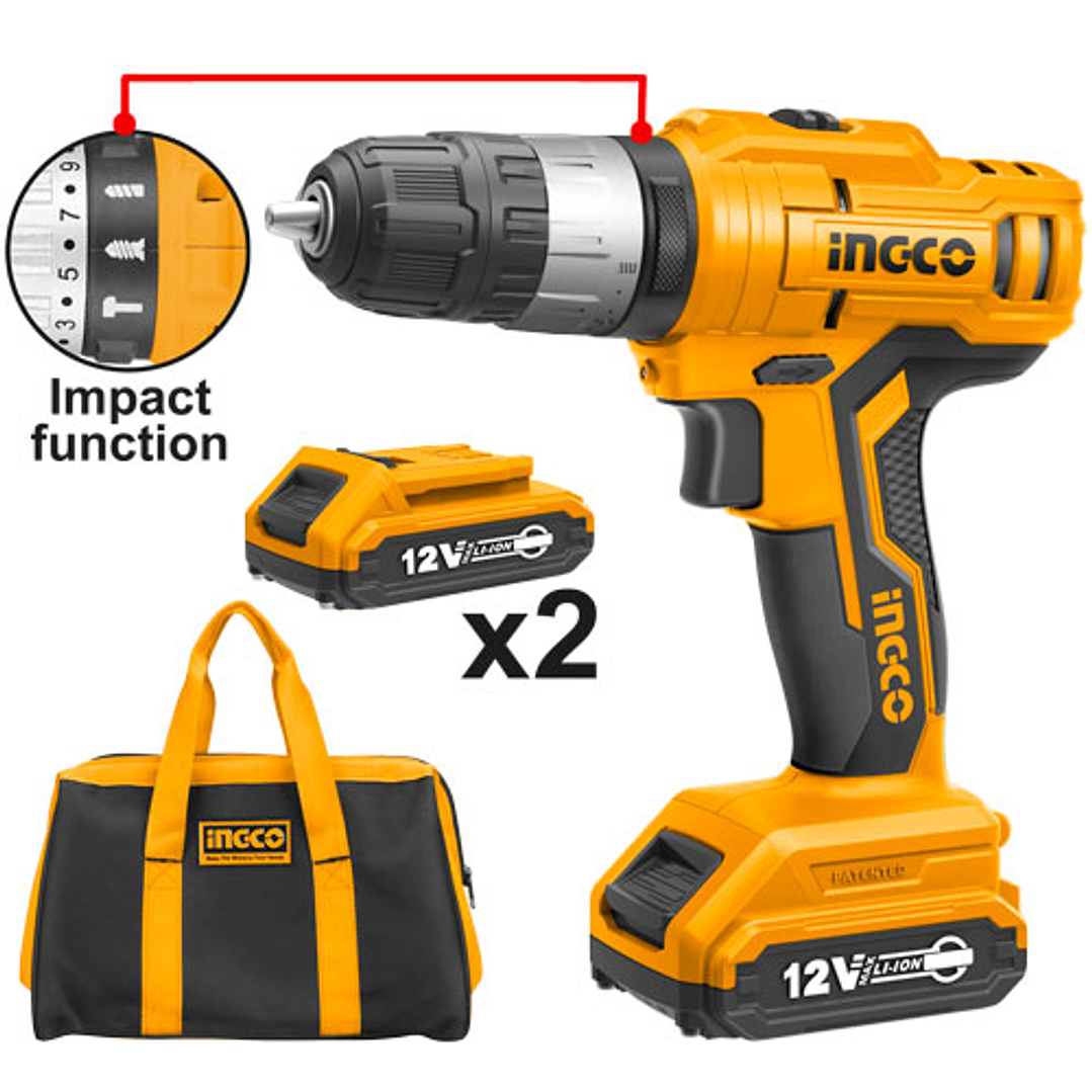 TALADRO PERCUTOR + 2 BATERIAS 1,5AH Y 1 CARGADOR NORMAL 12V/10MM INGCO CIDLI1222 1