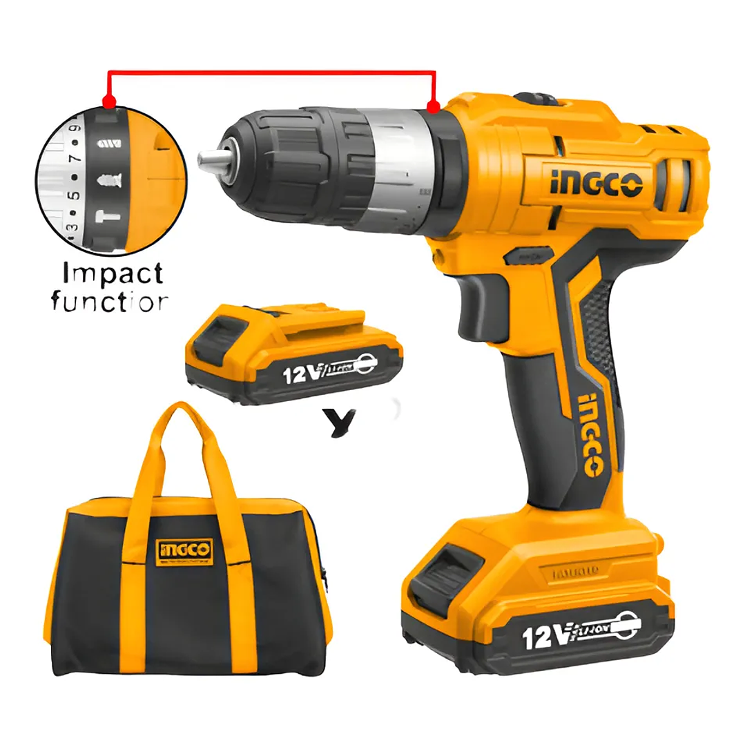 TALADRO PERCUTOR + 2 BATERIAS 1,5AH Y 1 CARGADOR NORMAL 12V/10MM INGCO CIDLI1222 2