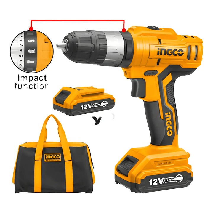 TALADRO PERCUTOR + 2 BATERIAS 1,5AH Y 1 CARGADOR NORMAL 12V/10MM INGCO CIDLI1222 2