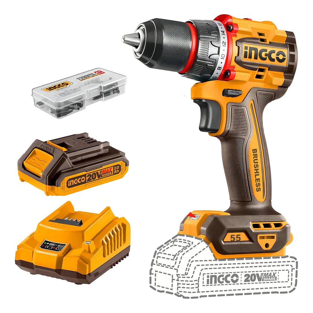 TALADRO ATO BL CP INDUSTRIAL +BAT 2AH Y CARG 20V/55NM INGCO CDLI205582 3