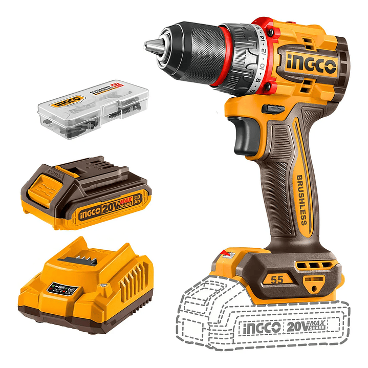 TALADRO ATO BL CP INDUSTRIAL +BAT 2AH Y CARG 20V/55NM INGCO CDLI205582 3