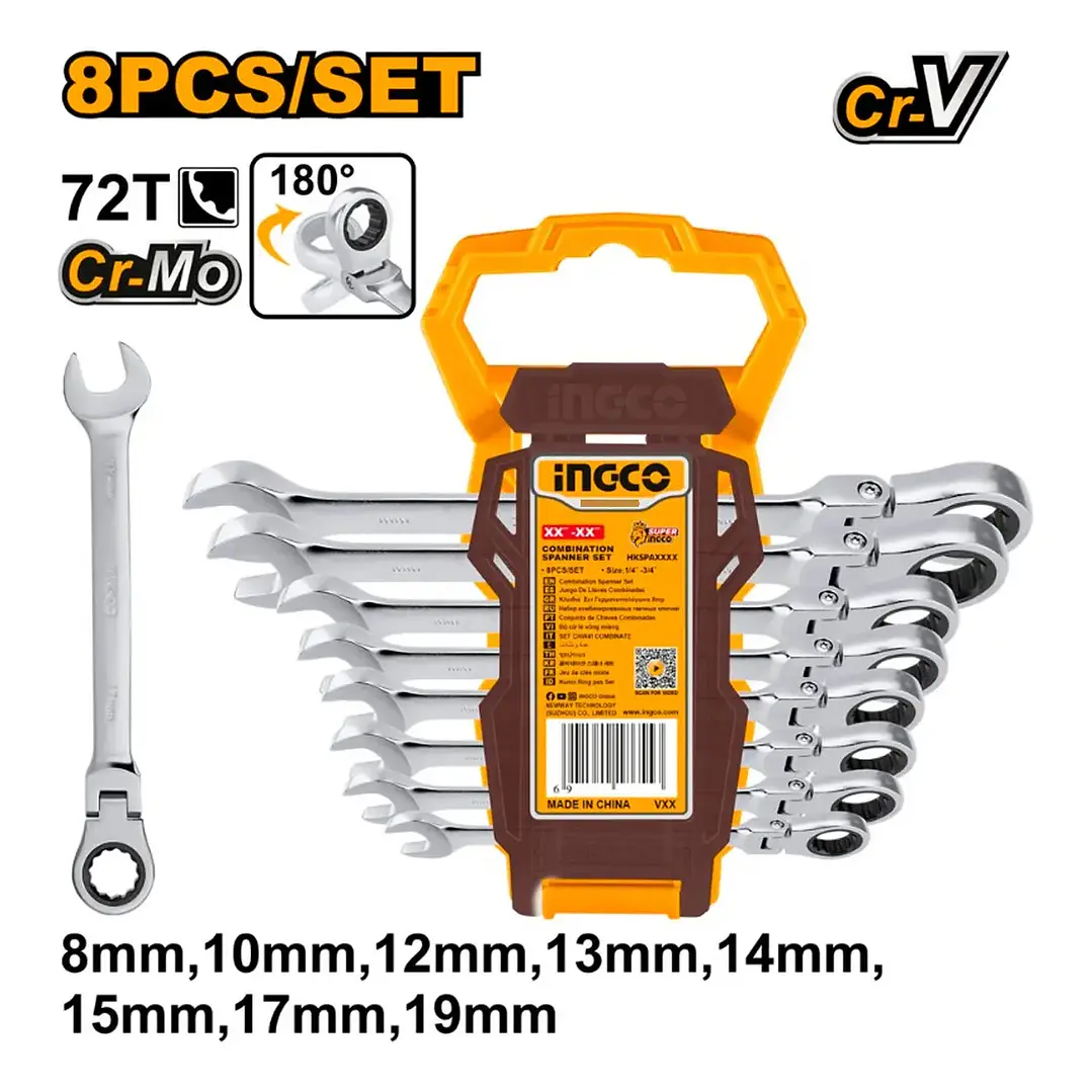 LLAVE PUNTA Y CORONA INGCO DE CHICHARRA ARTICULADA JGO.8 PZS. HKSPAR1083 2