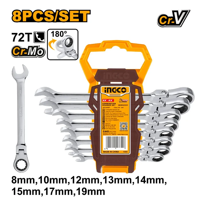 LLAVE PUNTA Y CORONA INGCO DE CHICHARRA ARTICULADA JGO.8 PZS. HKSPAR1083 2
