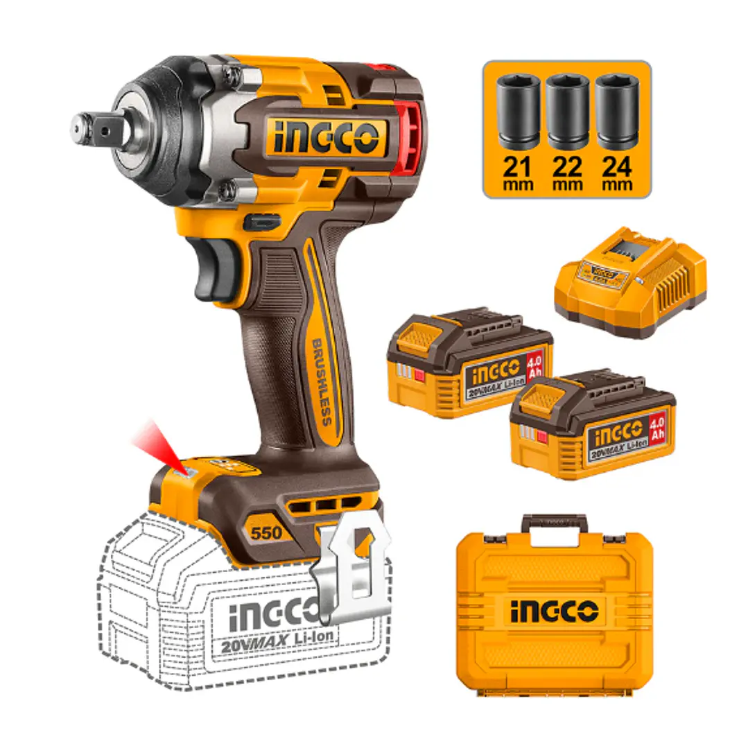 PISTOLA DE IMPACTO 550NM BL + 2BAT 4AH Y CARGAD INDUSTRIAL 1/2