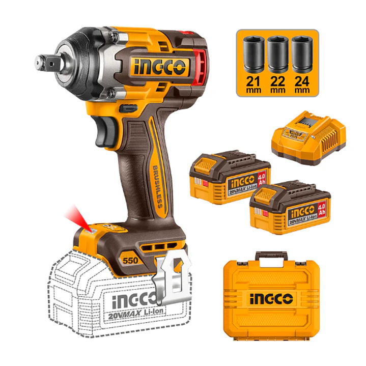 PISTOLA DE IMPACTO 550NM BL + 2BAT 4AH Y CARGAD INDUSTRIAL 1/2