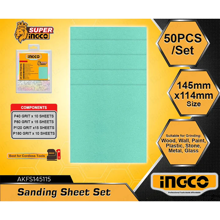 SET LIJAS P40-180 50 PIEZAS MULTIMATERIAL 145X114MM INGCO AKFS145115 2
