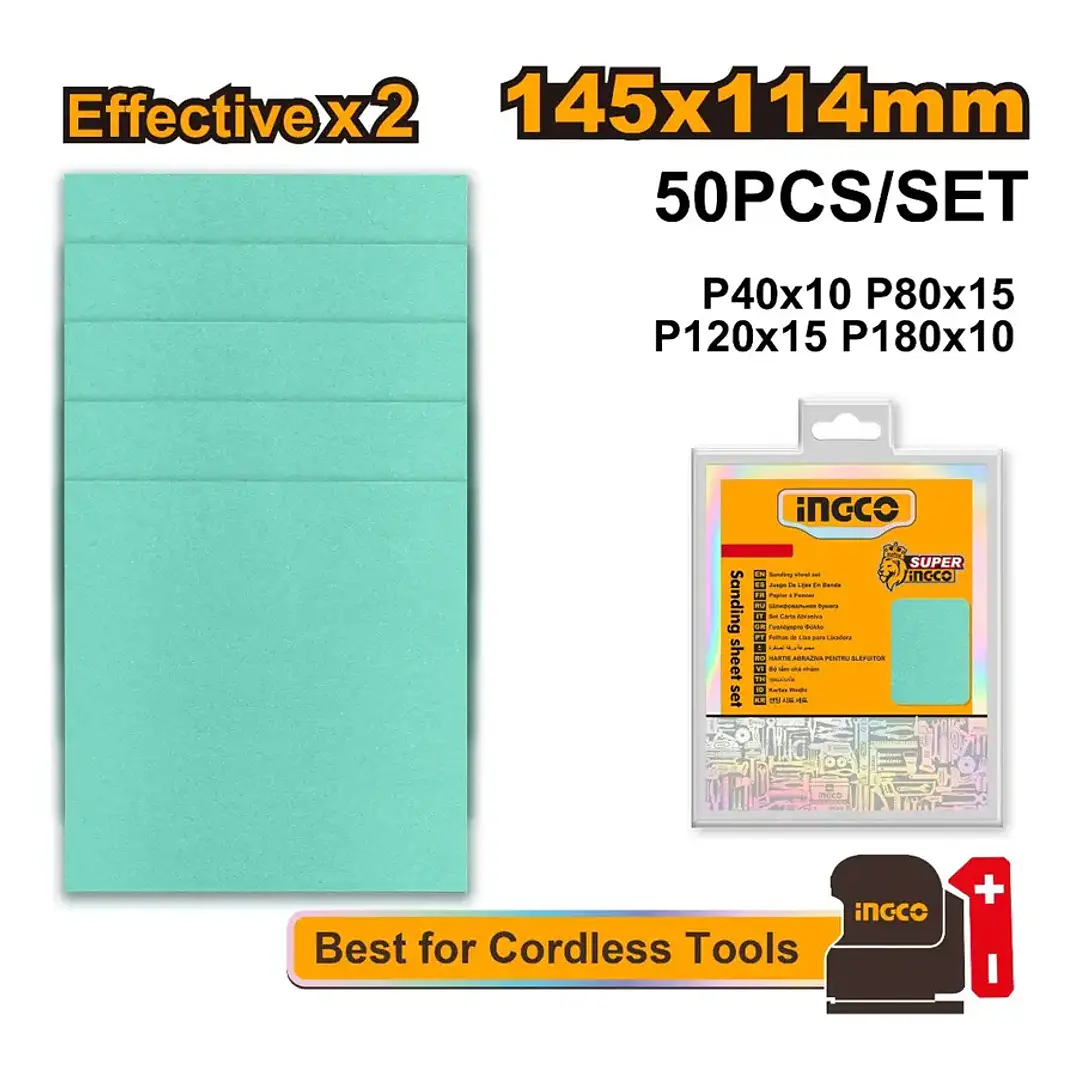 SET LIJAS P40-180 50 PIEZAS MULTIMATERIAL 145X114MM INGCO AKFS145115 4