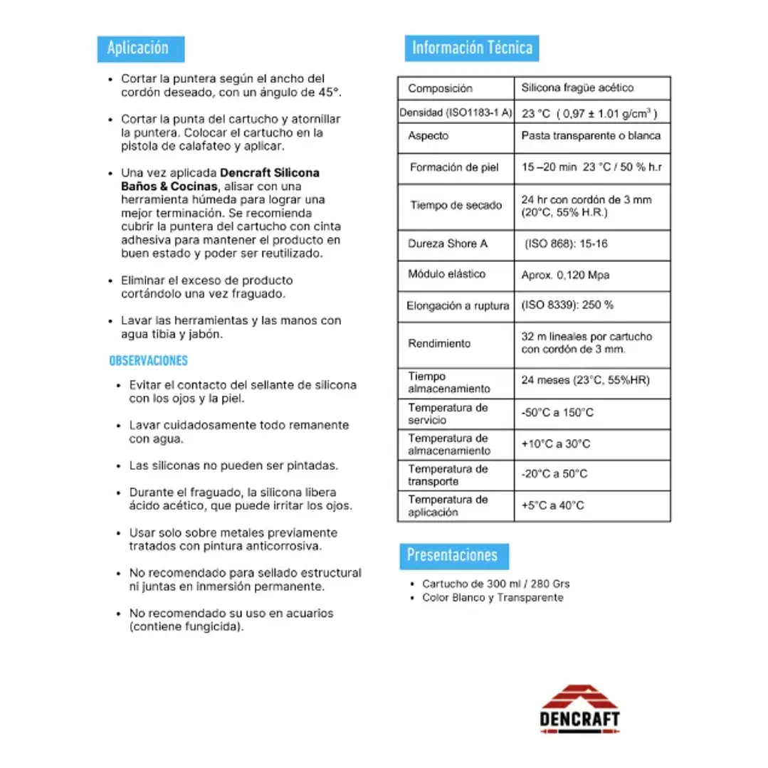 SILICONA ACETICA MULTIUSO BAÑO Y COCINA 300ML TRANSPARENTE DENCRAFT 1002 2