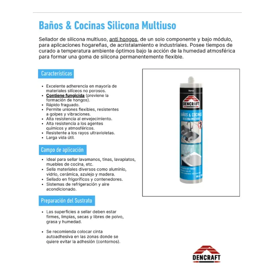 SILICONA ACETICA MULTIUSO BAÑO Y COCINA 300ML TRANSPARENTE DENCRAFT 1002 4