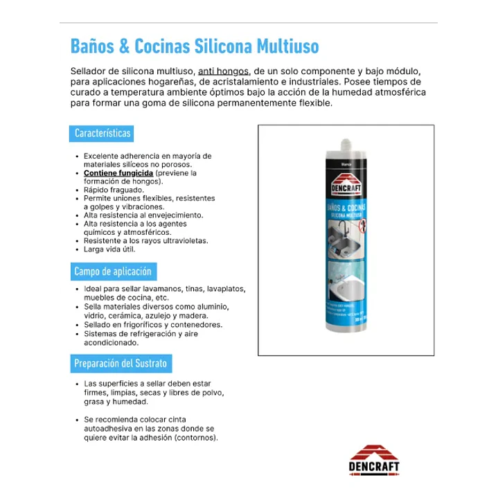 SILICONA ACETICA MULTIUSO BAÑO Y COCINA 300ML TRANSPARENTE DENCRAFT 1002 4