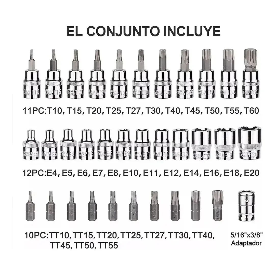 JUEGO DADOS TORX ESTRELLA 3/8 HEMBRA MACHO 34 PIEZAS CROMO VANADIO, MA - RQT-426 3