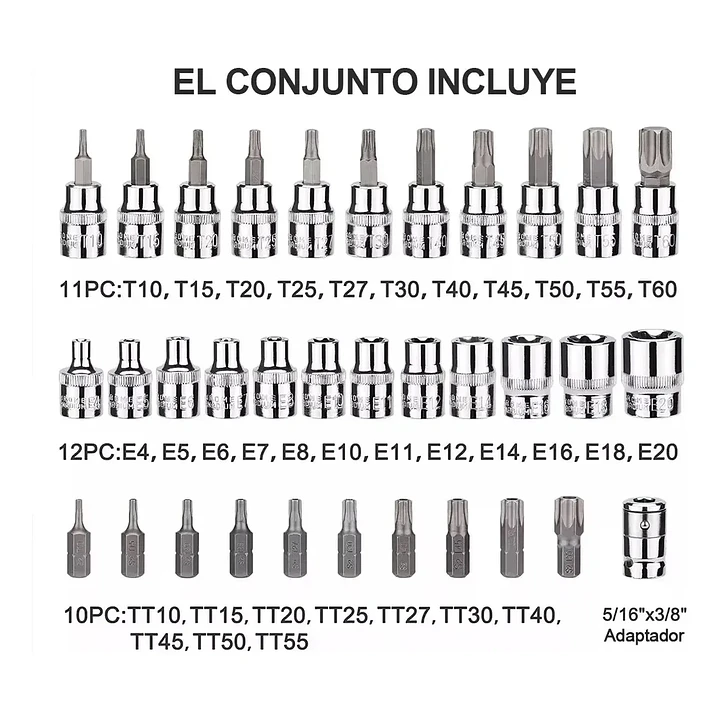 JUEGO DADOS TORX ESTRELLA 3/8 HEMBRA MACHO 34 PIEZAS CROMO VANADIO, MA - RQT-426 3