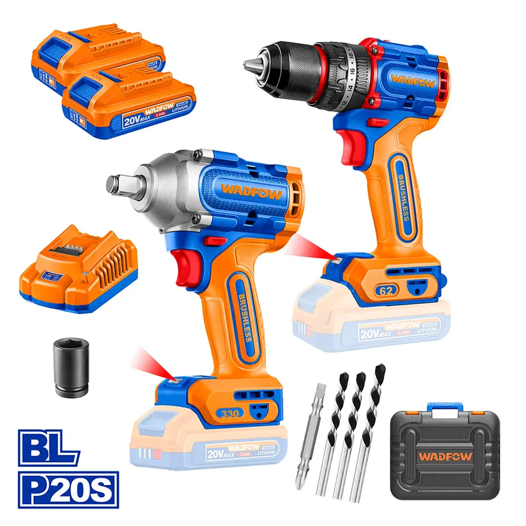 SET TALADRO PER Y PISTOLA DE IMPACTO +2BAT Y CARG 20V WADFOW WCK20275 1