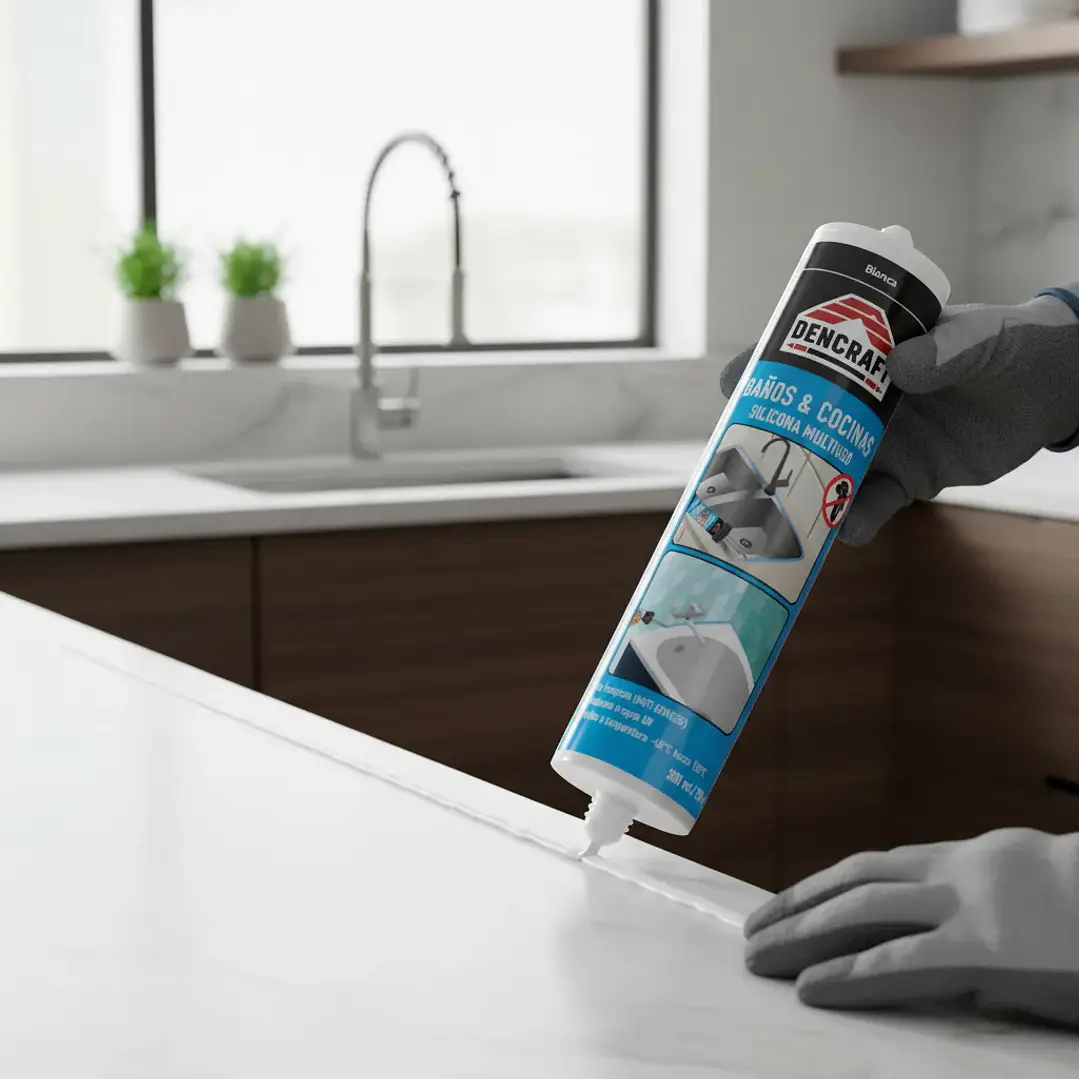 SILICONA ACETICA MULTIUSO BAÑO Y COCINA 300ML BLANCA DENCRAF 4
