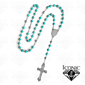 Rosario Fósil Turquesa Acero Plateado 6mm