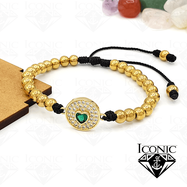 Pulsera Acero Dorado Corazon Cristal Verde 1