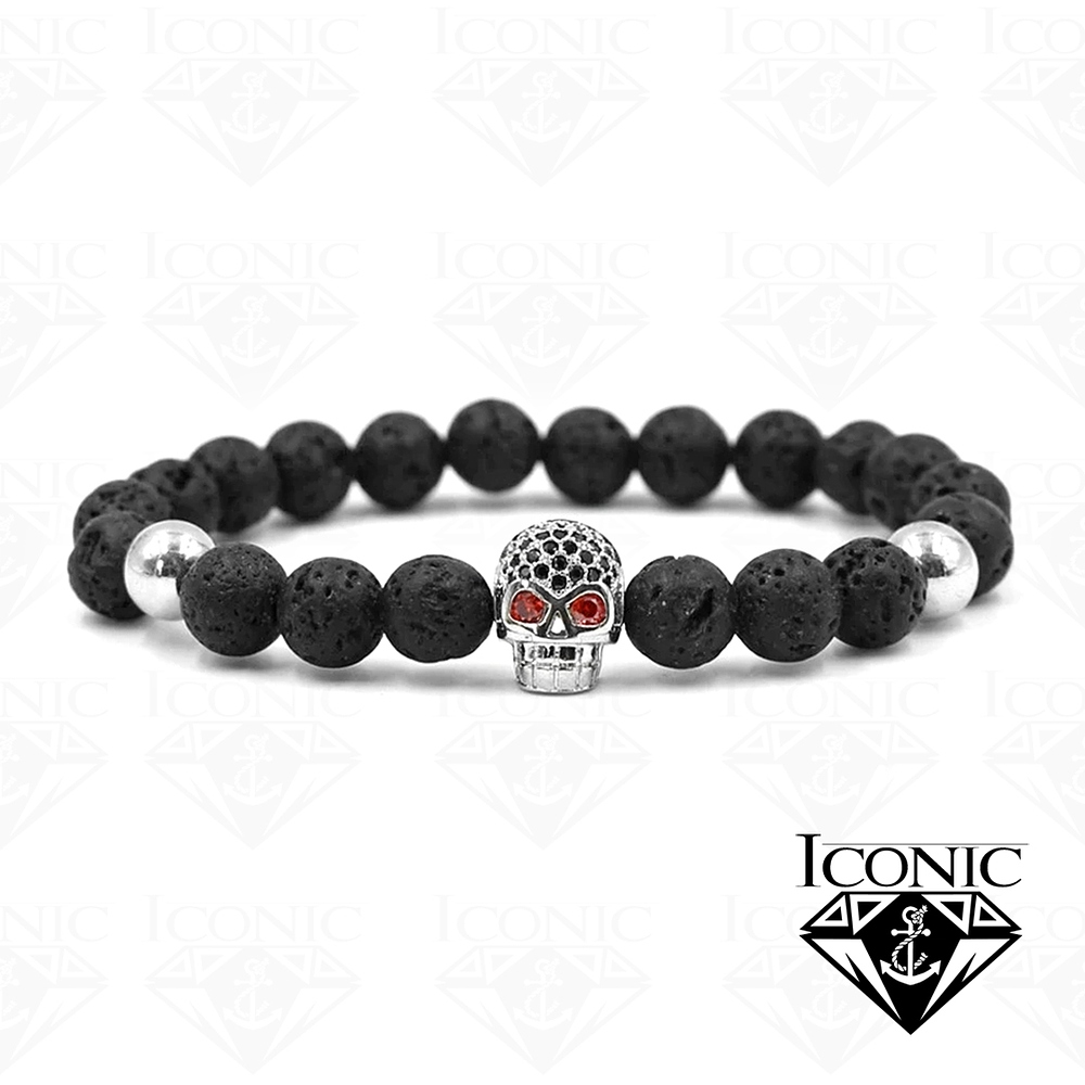 Pulsera con Piedra Volcánica Acero y Calavera