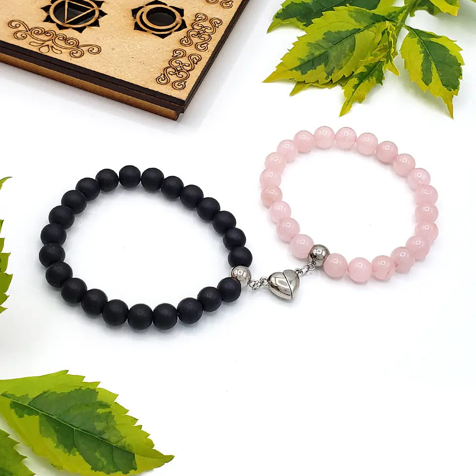 Pulseras para Parejas Piedras Ónix Mate Cuarzo Rosado Corazón Imantado 3