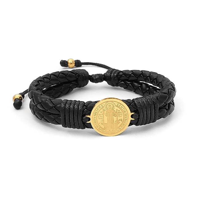 Pulsera San Benito de Abad Cuero Trenzado Acero 1