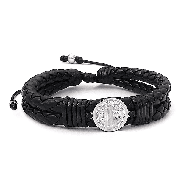 Pulsera San Benito de Abad Cuero Trenzado Acero 2