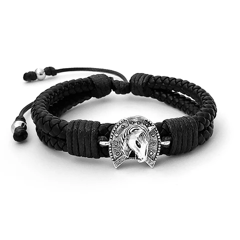Pulsera Caballo Herradura Cuero Trenzado Doble