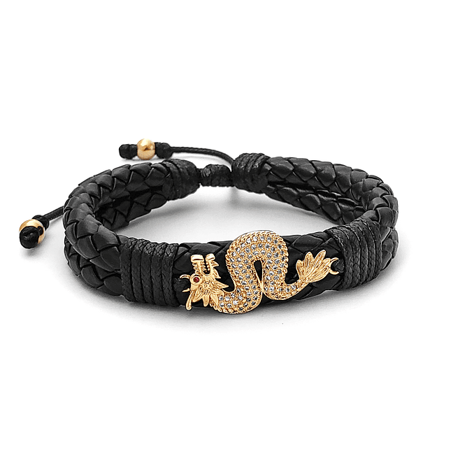 Pulsera Dragón Chino Cuero Trenzado Acero 1