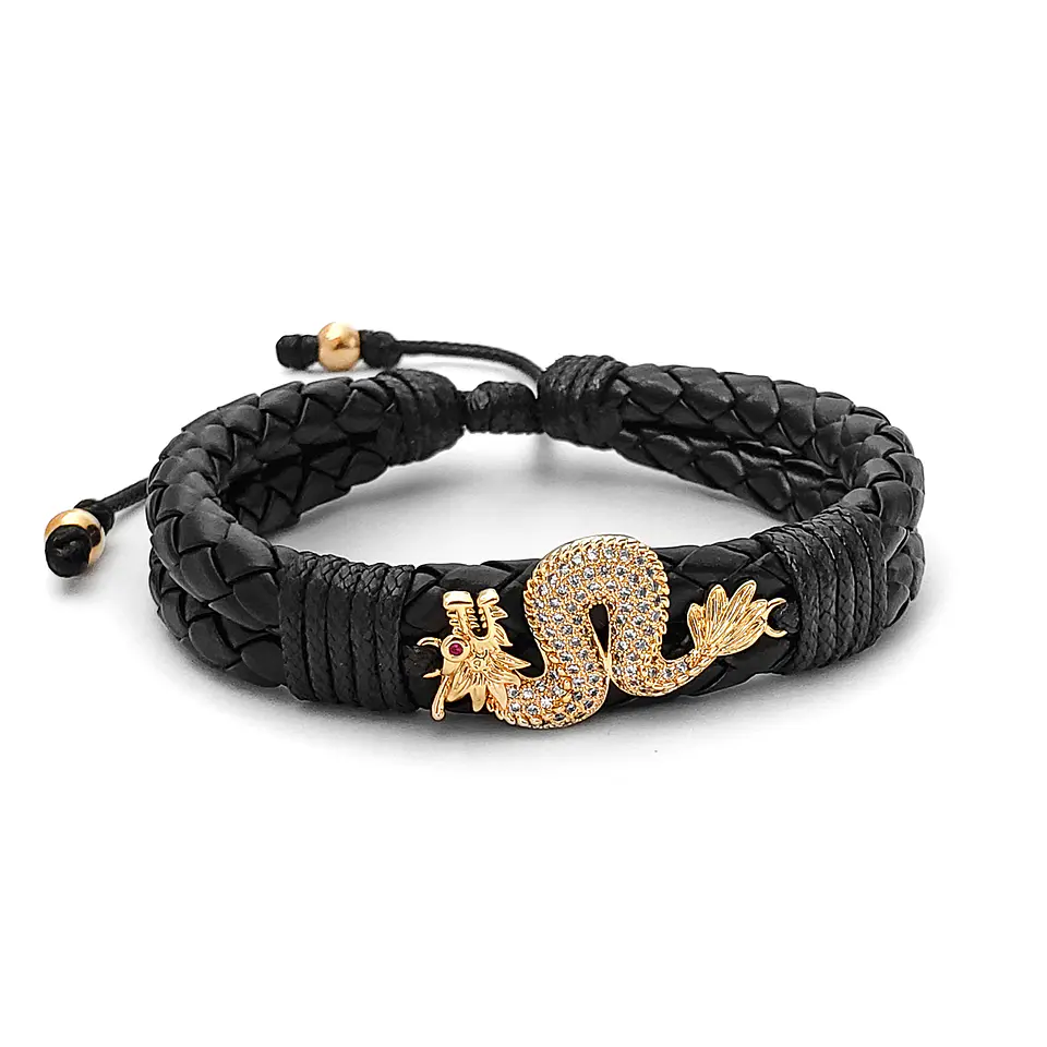 Pulsera Dragón Chino Cuero Trenzado Acero 1