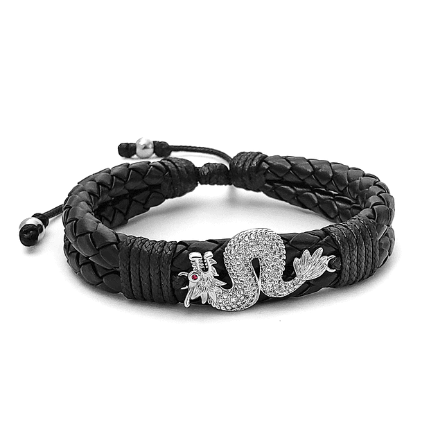 Pulsera Dragón Chino Cuero Trenzado Acero 2