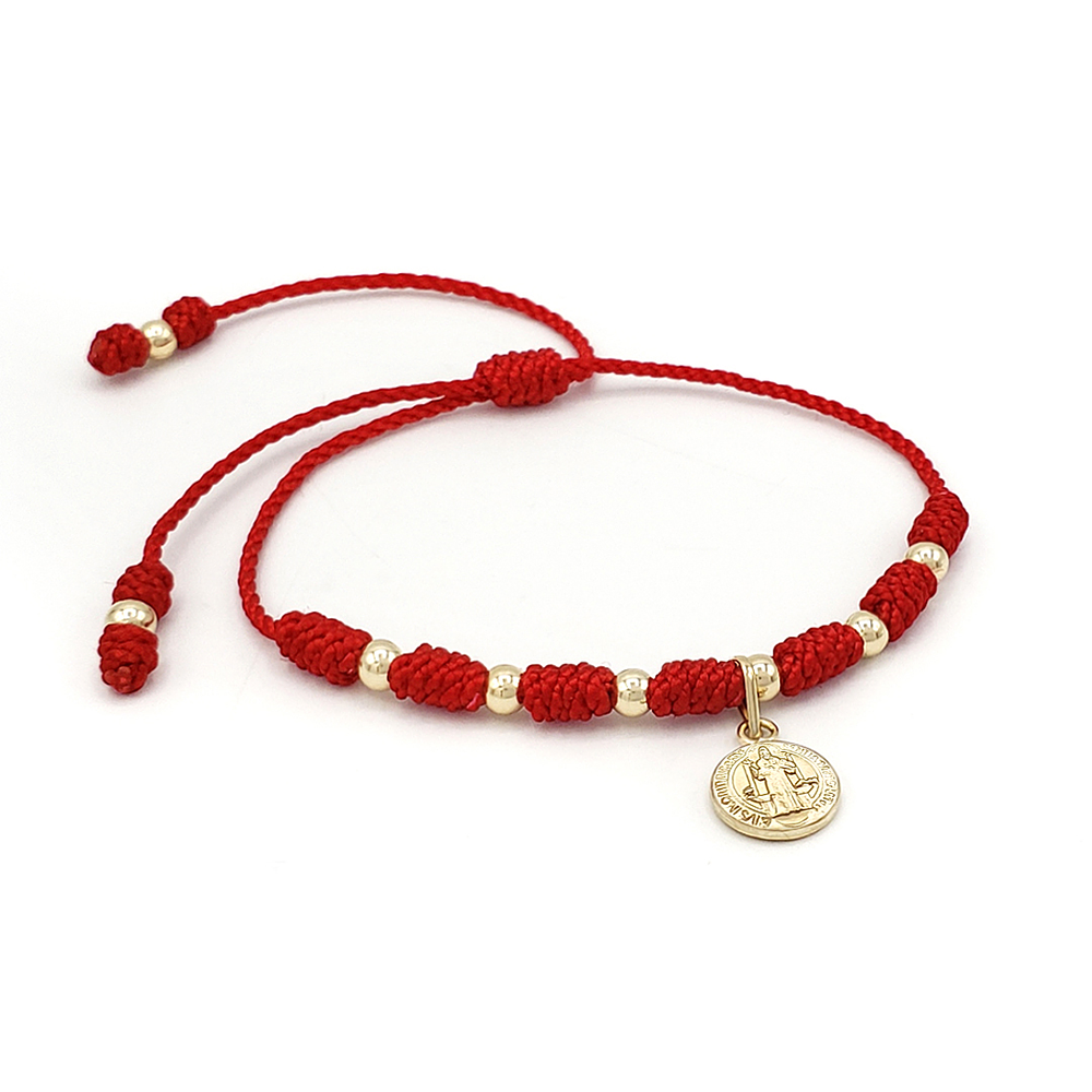 Pulsera 7 Nudos San Benito de Abad Hilo Rojo Oro Laminado 18k