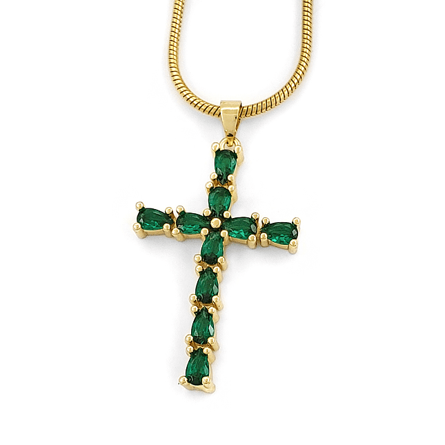 Cadena Acero Dije Cruz Cristales Verdes 1