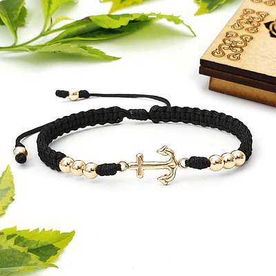 Pulsera Tejida Ancla Oro Laminado 18k - NEGRO