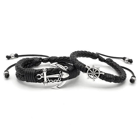 Pulseras para Parejas Ancla y Timón Cuero Trenzado 