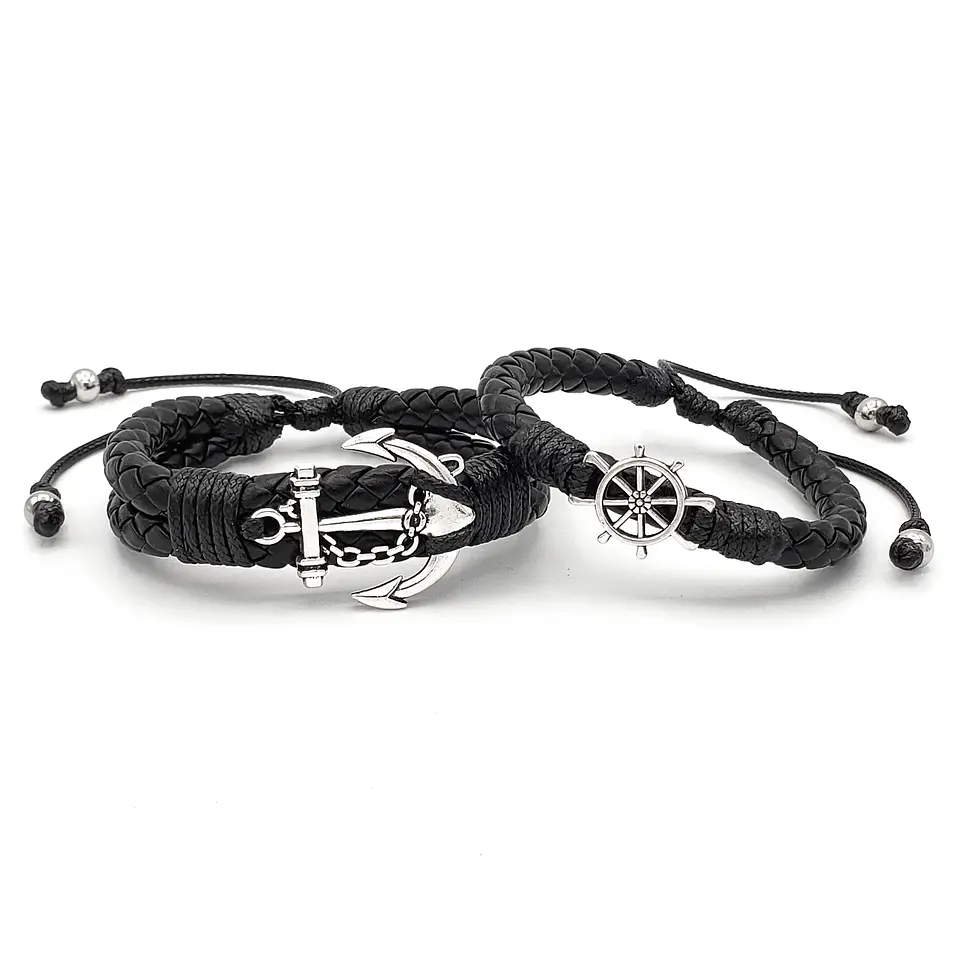 Pulseras para Parejas Ancla y Timón Cuero Trenzado  1
