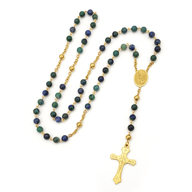 Rosario Piedra Azurita Acero Dorado 6mm 1