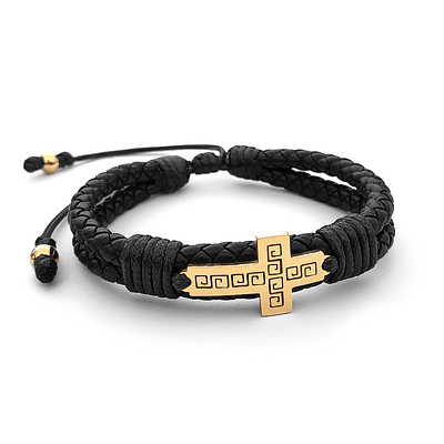 Pulsera con Cuero Trenzado y Cruz Acero