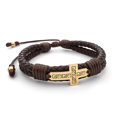 Pulsera con Cuero Trenzado y Cruz Acero - CAFÉ