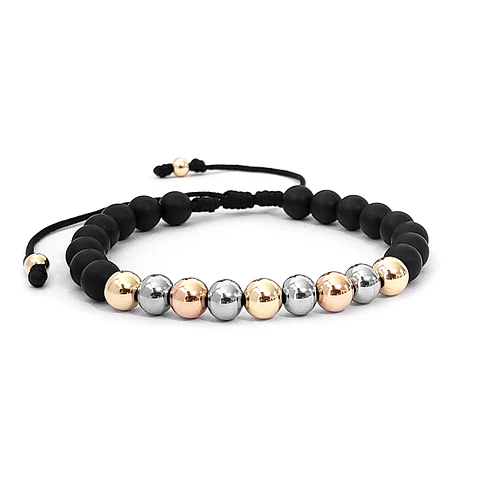 Pulsera Ónix Mate con Acero y Oro Laminado 18k (6mm)
