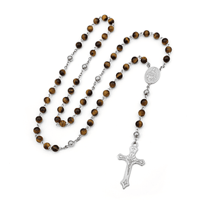 Camándula Rosario Piedra Ojo de Tigre Café Acero Plateado