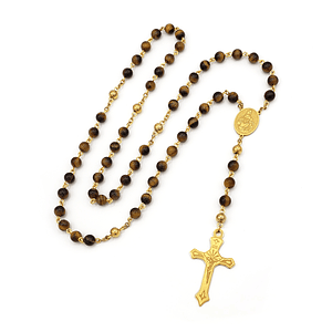 Camándula Rosario Piedra Ojo de Tigre Acero Dorado