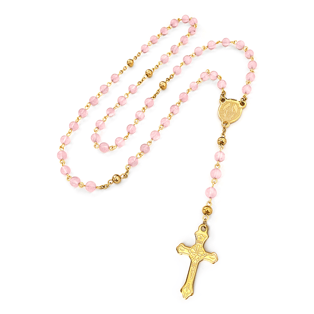 Camándula Rosario Piedra Cuarzo Rosado Acero Dorado 1