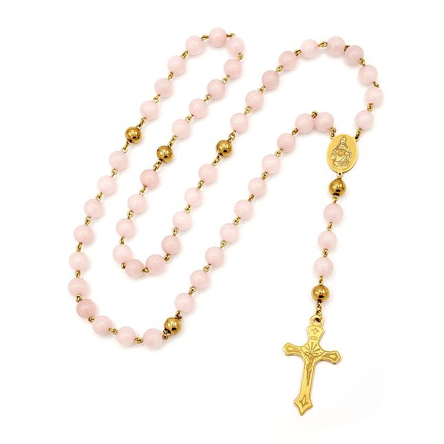 Camándula Rosario Piedra Cuarzo Rosado Acero Dorado 2