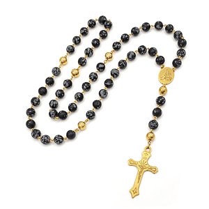 Rosario Camándula Obsidiana Nevada Acero Dorado