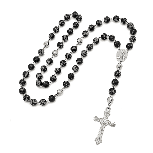 Camándula Rosario Piedra Obsidiana Nevada Acero 1