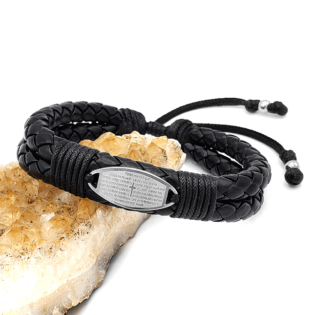 Pulsera Placa Padrenuestro Acero Cuero Trenzado 1