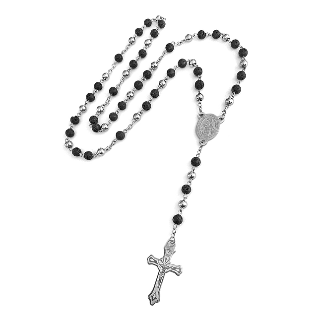 Camándula Rosario Piedra Volcánica Acero 1