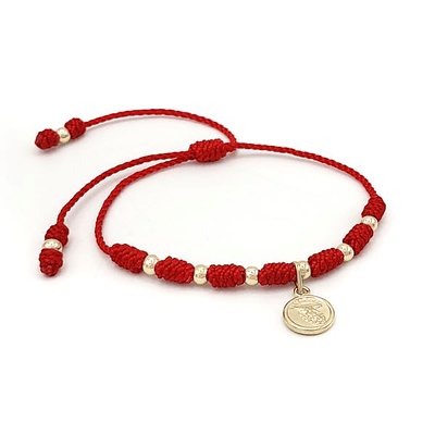 Pulsera 7 Nudos San Miguel Arcángel Hilo Rojo Oro Laminado 18k