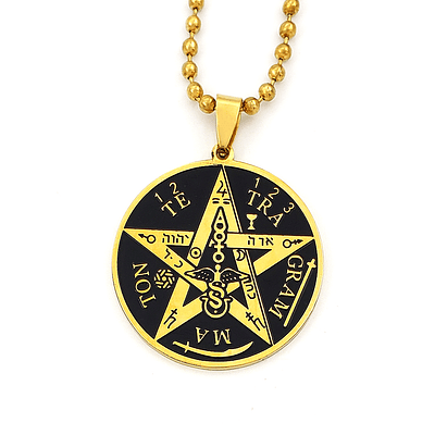 Cadena Collar Pentagrama Tetragrámaton Acero - DORADO