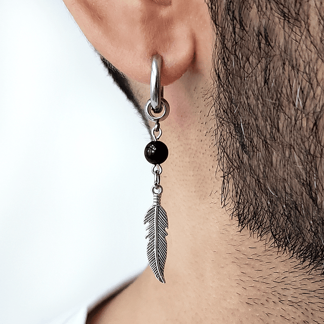 Arete Solitario Piedra Ónix Acero Pluma 2