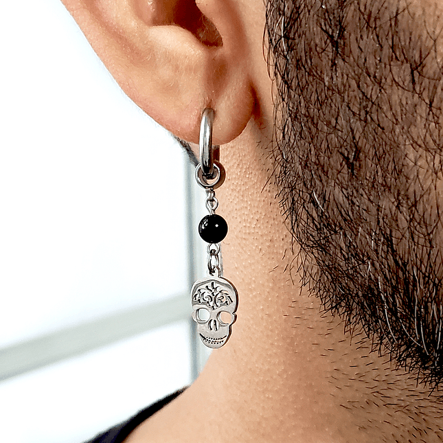 Arete Solitario Piedra Ónix Acero Calavera Catrina  2