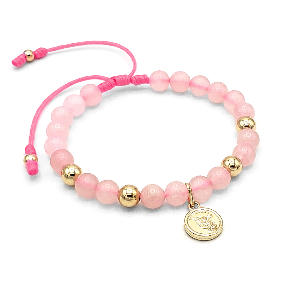 Pulsera Arcángel San Miguel Cuarzo Rosado Oro Laminado 18K